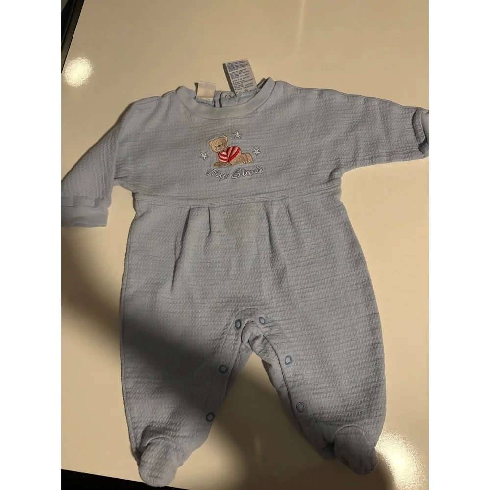 My Stars Baby Blue Quilted Footie Pajamas Sleepers Teddy Bear‎ Stars 6 Months